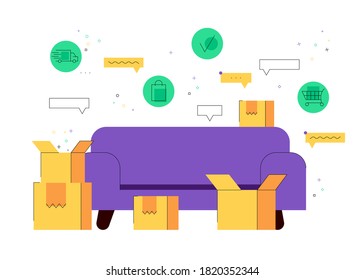 Modern sofa with boxes on white background vector illustration cartoon flat 