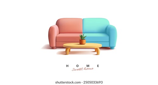 Moderno sofá y mesa de centro con una planta, 3D. Hogar dulce hogar. Para conceptos de confort en el hogar, interior y Ocio. Objetos sobre un fondo blanco. Vector