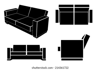 Modern Sofa Couch, Different Views, Vector Illustration.