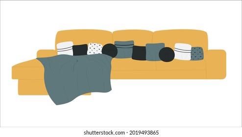 Moderno sofá sofá sofá sofá sofá sofá-cama, mobiliario decoración interior de la ilustración vectorial de la casa. sofá amarillo caricaturizado con manta y almohadas, mobiliario decoración de salón aislado en blanco