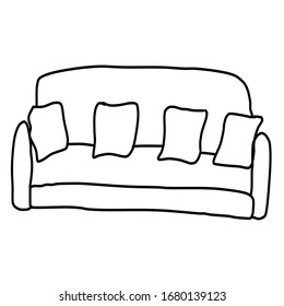 Modern sofa with four pillows. Drawing in the Doodle style. Isolated on a white background. Vector illustration in lines. Comfortable and stylish daybed.  For design, decoration, web, coloring.