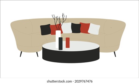 Modern sofa, furniture interior decor design for office or home apartment vector illustration. Cartoon cozy couch, furniture decoration of living room isolated on white