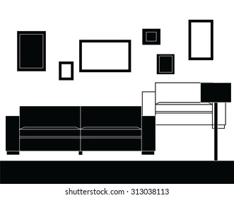 Modern sofa furniture set with frames and lamp. Vector