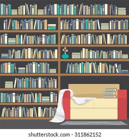 Modern Sofa With Huge Bookshelf Vector illustration