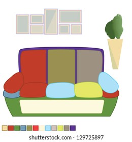 Modern sofa illustrated by vector in frame and vase decorated room.