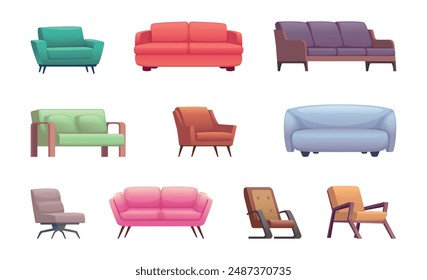 Modernes Sofa. Innencouches Soft-Möbel für Wohnzimmer Komfortable Sofas genaue Vektorgrafik Cartoon-Set