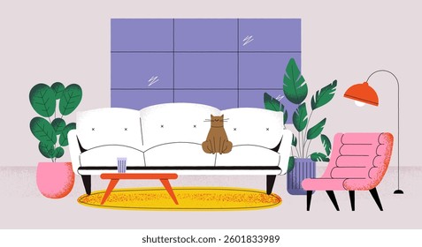 Modern sofa interior. Cozy home room with couch armchair table lamp and cat, cartoon living space with comfortable furniture, minimalism apartment decor. Vector illustration.
