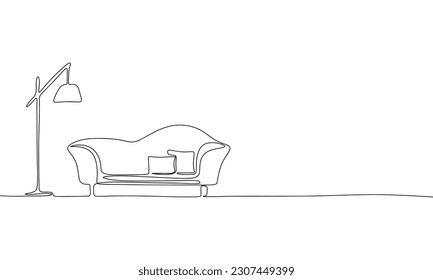 Modern sofa and lamp, interior. Continuous line one drawing. Vector illustration. Simple line illustration.