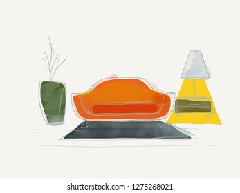 The Modern Sofa and lamp interior / hand drawing image