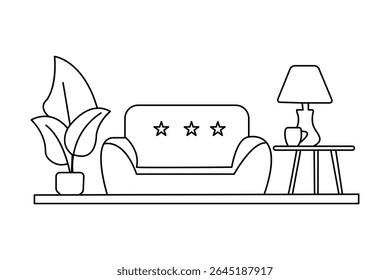 Modern sofa lamp and potted plant single line art in minimalist design isolated outline illustration