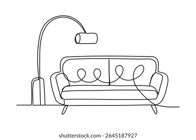 Modern sofa lamp and potted plant single line art in minimalist design isolated outline illustration