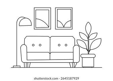 Modern sofa lamp and potted plant single line art in minimalist design isolated outline illustration