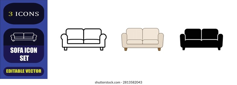Modern sofa line icon set featuring three editable couch designs. Perfect for furniture, interior design, home decor, living rooms, real estate, UI UX, web, mobile apps, presentations, and print materials. Clean outline vector, fully scalable and editable.