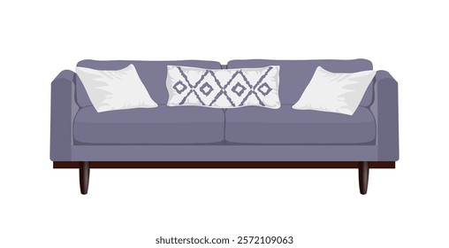 A modern sofa for a living room, adorned with decorative cushions, creating a cozy and stylish atmosphere. Furniture for living room, home, interior, apartment. Vector illustration on white background