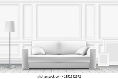 Modern sofa on background of white wall decorated with moulding panels. Parquet floor and white wall. Vector detailed realistic illustration.