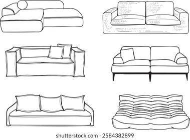 Modern sofa set cushion decoration furnishing black line vector illustration