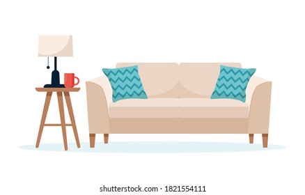 Modern sofa with a side table, cute interior vector illustration in flat style