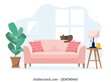 Modern Sofa With A Side Table And Plant, Cute Interior Vector Illustration In Flat Style