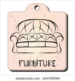 Modern sofa in the style of line art. Tag for furniture sales. Hand lettering furniture. Element for interior design of the living room. Soft furniture. Vector