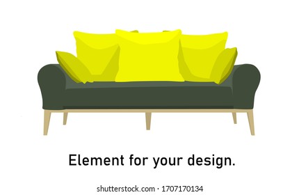 Modern sofa in the style of minimalism. sofa with high legs. Green upholstery. Interior item isolated on a white background. Vector illustration.
