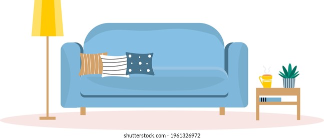 Modern sofa with table and lamp. Vector illustration in flat style. 