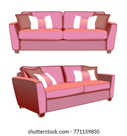 Modern sofa with throw pillows. Front view and perspective view. Vector illurstraion, isolation on white background.