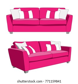 Modern sofa with throw pillows. Front view and perspective view. Vector illurstraion, isolation on white background.