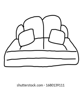 Modern sofa with two pillows. Drawing in the Doodle style. Isolated on a white background. Vector illustration in lines. Comfortable and stylish daybed.  For design, decoration, web, coloring.