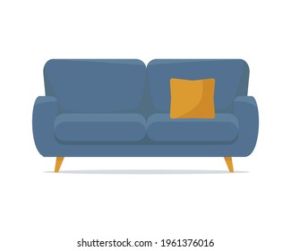 Modern Soft blue sofa with yellow decorative cushion, isolated on white background. Element design of home interior. Cozy Domestic or Office Furniture. Vector illustration in flat style