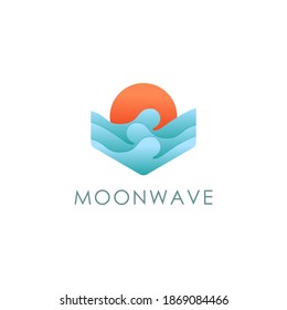 Modern soft gradient sun, moon and wave logo, beach, sea, tropic, travel vector icon on white background