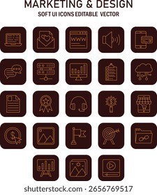 Modern soft ui style icons representing marketing and design aspects in an editable vector format with rounded square