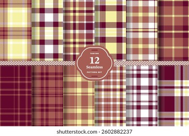 Modern Soft Vanilla and Deep Cardinal Seamless Tartan Fabric Design Set of 12