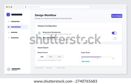 A modern software dashboard interface showing design workflow settings with viewport configuration options, asset export controls, and a clean minimalist layout in a web browser window.
