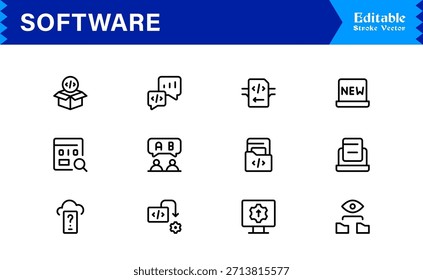 Colección de iconos de línea de software moderno con estilo de Profesional minimalista y Elementos de Vector únicos para kits de herramientas digitales integrales
