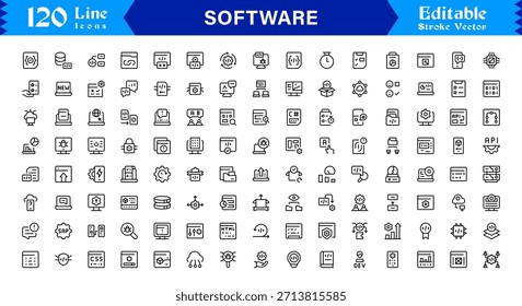 Colección de iconos de línea de software moderno con estilo de Profesional minimalista y Elementos de Vector únicos para kits de herramientas digitales integrales