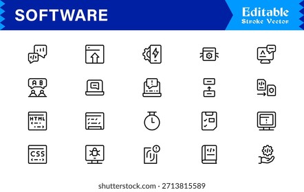 Colección de iconos de línea de software moderno con estilo de Profesional minimalista y Elementos de Vector únicos para kits de herramientas digitales integrales