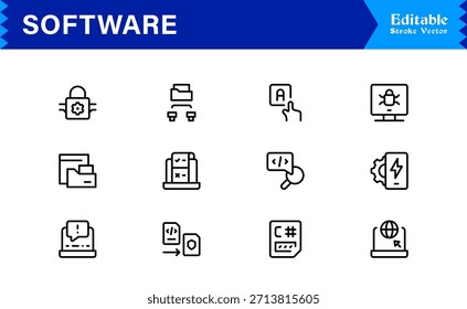 Colección de iconos de línea de software moderno con estilo de Profesional minimalista y Elementos de Vector únicos para kits de herramientas digitales integrales