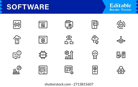Colección de iconos de línea de software moderno con estilo de Profesional minimalista y Elementos de Vector únicos para kits de herramientas digitales integrales