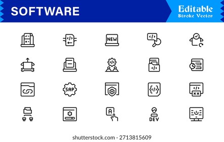 Coleção moderna de ícones de linha de software com estilo profissional minimalista e elementos de vetor exclusivos para kits de ferramentas digitais abrangentes