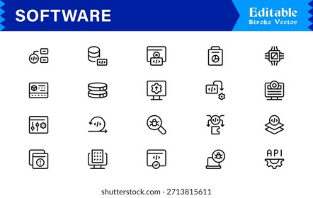 Colección de iconos de línea de software moderno con estilo de Profesional minimalista y Elementos de Vector únicos para kits de herramientas digitales integrales