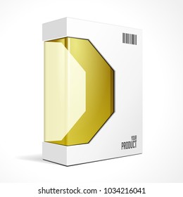 Modern Software Product Package Box With Yellow Orange Golden Window For DVD Or CD Disk. Mockup 3D Illustration On White Background Isolated. Ready For Your Design. Packing. Vector EPS10