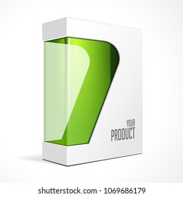 Modern Software Product Package Box With Green Window For DVD Or CD Disk. Mockup 3D Illustration On White Background Isolated. Ready For Your Design. Packing. Vector EPS10