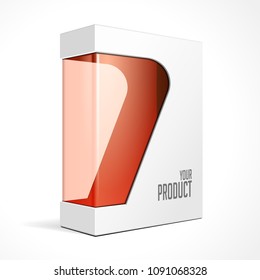 Modern Software Product Package Box With Red Window For DVD Or CD Disk. Mockup 3D Illustration On White Background Isolated. Ready For Your Design. Packing. Vector EPS10