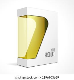Modern Software Product Package Box With Yellow Orange Golden Window For DVD Or CD Disk. Mockup 3D Illustration On White Background Isolated. Ready For Your Design. Packing. Vector EPS10
