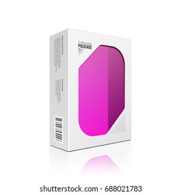 Modern Software Product Package Box With Pink Violet Purple Magenta Window For DVD Or CD Disk. Mockup 3D Illustration On White Background Isolated. Ready For Your Design. Packing. Vector EPS10