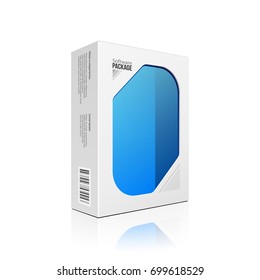Caja Moderna De Productos De Software Con Ventana Azul Para Disco De CD O DVD. Ilustración En 3D De Montaje En Fondo Blanco Aislada. Listo Para Su Diseño. Embalaje. Vector EPS10