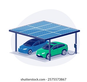 Modern solar carport to charge electric vehicles. Photovoltaic shed structure with solar panels on roof providing shelter for parking cars and charging electricity from sun. Isolated vector on white