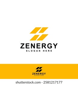 Modern solar energy logo combining a solar panel, letter Z, and lightning bolt in black and yellow. Perfect for renewable energy companies, solar tech, and power solutions. Bold and dynamic design.