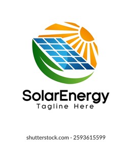 A modern solar energy logo featuring a stylized sun with radiant beams, a blue solar panel array, and a green leaf, symbolizing renewable energy, sustainability, and eco-friendliness.