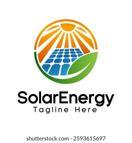 A modern solar energy logo featuring a stylized sun with radiant beams, a blue solar panel array, and a green leaf, symbolizing renewable energy, sustainability, and eco-friendliness.
